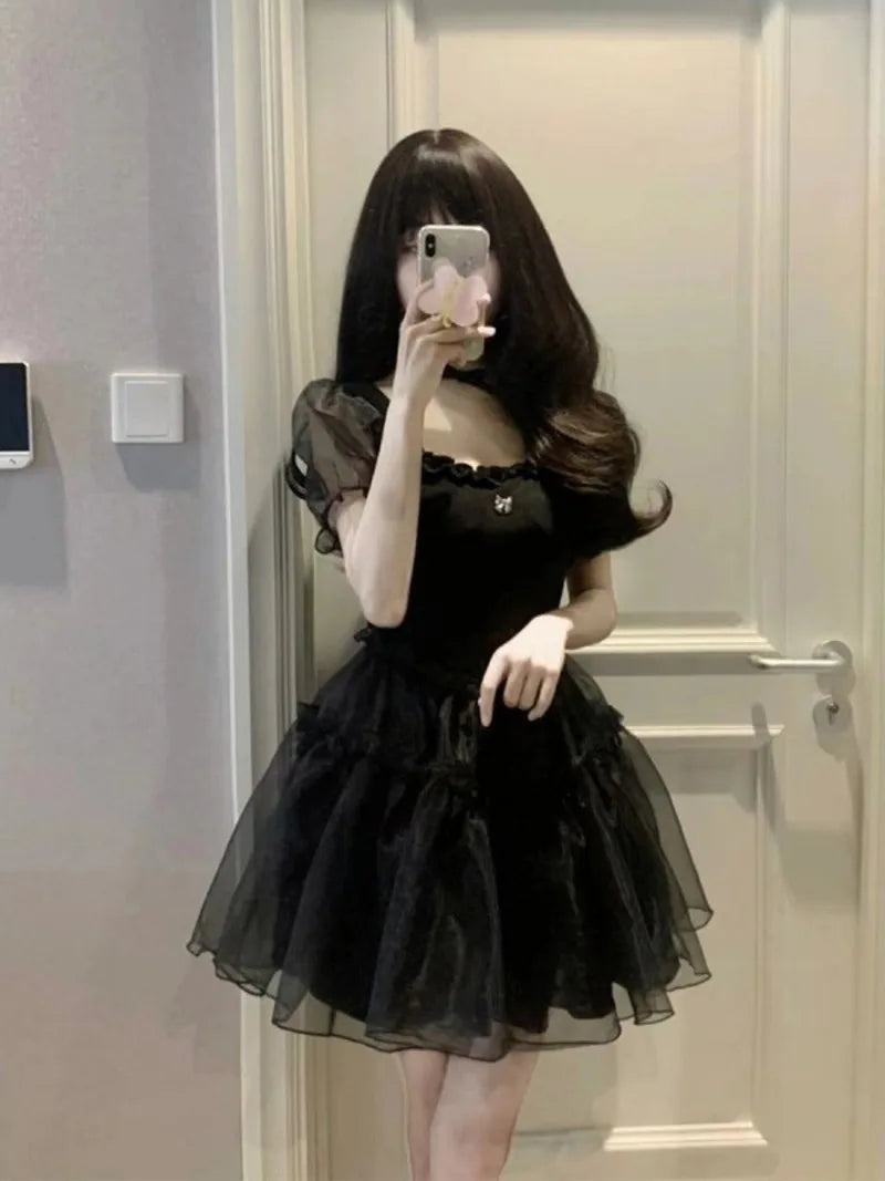 Bonnyshow Summer New Black Yarn Dress Fluffy Small Short Square Neck Spicy Girl Sweet Style Small Puff Sleeve Sexy Lovely Short FO30 Bonnyshow Summer New Black Yarn Dress Fluffy Small Short Square Neck Spicy Girl Sweet Style Small Puff Sleeve Sexy Lovely Short FO30