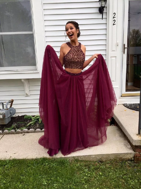 Juniors Two Piece Maroon Long Prom Dress with Tulle Skirt
