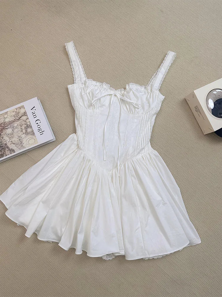Bonnyshow Summer Mori Girl Women Bow A-Line Dress Spaghetti Strap Solid Color Frocks Dress Square Neck Party Tunic Korean Preppy Evening