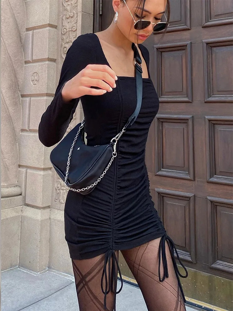 TAVIMART  -  Women Dresses Square Neck Long Sleeve Ribbed Knitted Mini Double Drawstring Ruched Night Party Sexy Bodycon
