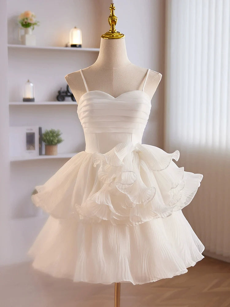 Adorable Spaghetti Strap Organza Tiered Short White Homecoming Dress Formal Dress