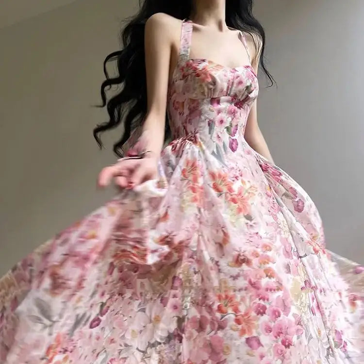 TAVIMART  -  Suspender Dress Floral French Exquisite Print Summer Vacation Seaside Swing Long Women'S Long Dress
