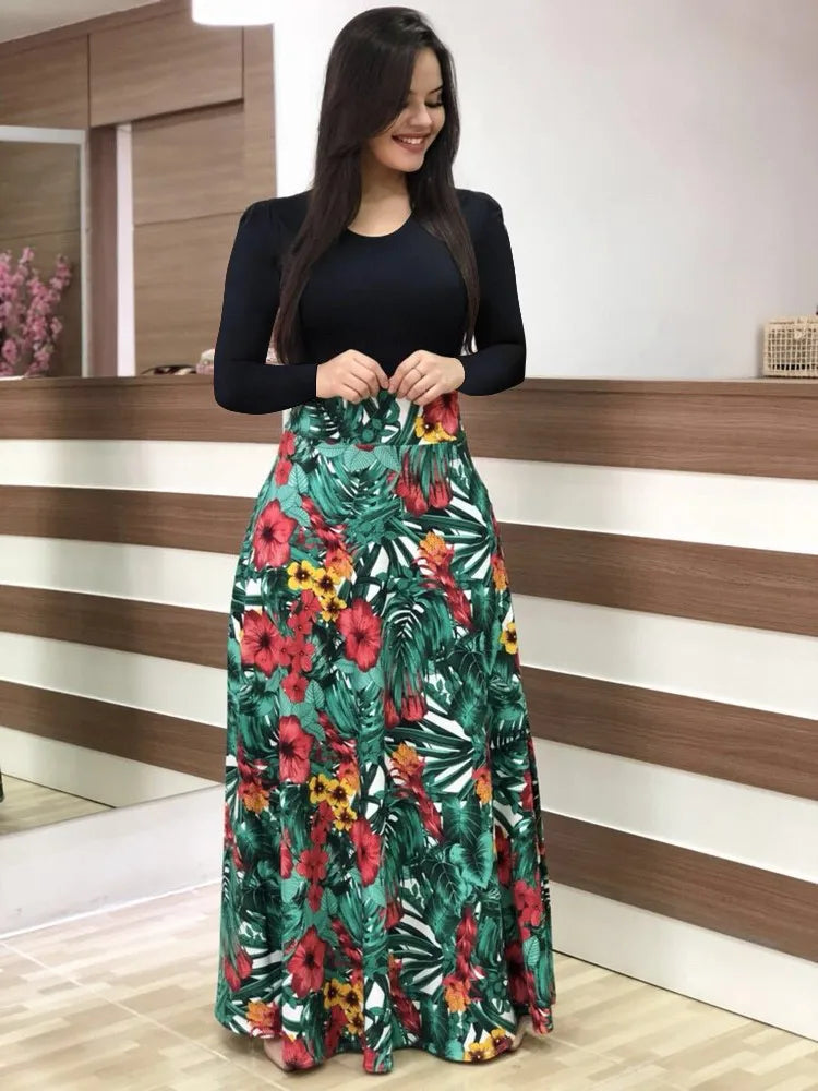Fast Fashion - Women's Long Sleeve Deep Sea Flower Dress