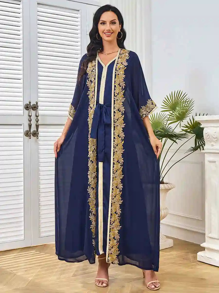 Beaded Eid 2 Pieces Set Batwing Sleeve Farasha Caftan Kaftan Dress #25264