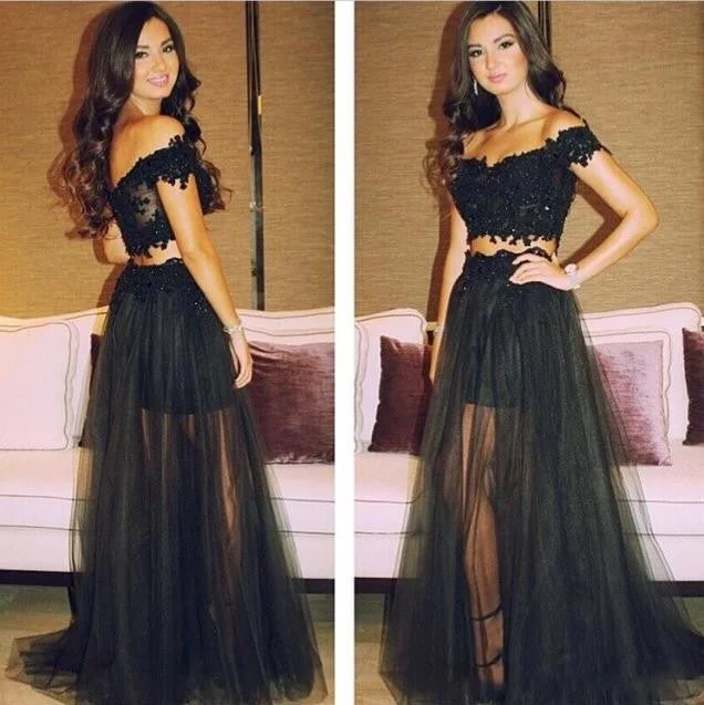 Long Off Shoulders Lace Top Two Piece Black Prom Dress