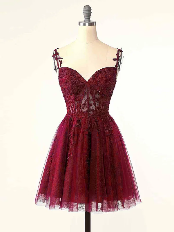 Spaghetti Strap Lace Sheer Top Burgundy Short Prom Dress Homecoming Dress