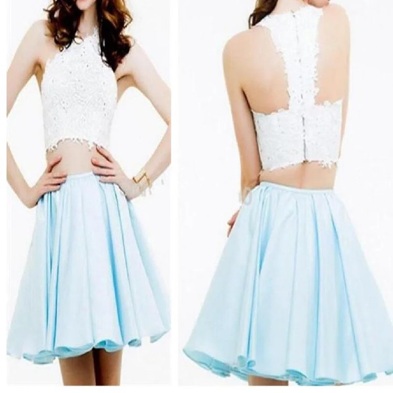 Pale Blue Two Piece Homecoming Dress Sweet 16 Dress with White Lace Top