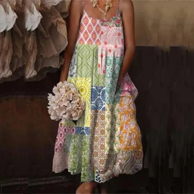TAVIMART  -  Retro Fashion Pattern Print Suspenders Loose Dresses Women Big Hem Summer Holiday Dress All Match Off Shoulder Long Dress