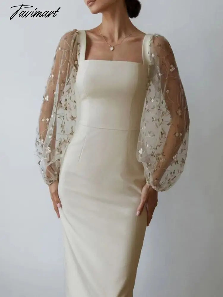 Tavimart Spring  Autumn New Fashion Embroidery Tulle Slim Fit Mid Dress Lantern Sleeve Square Collar Elegant Party Evening Ladies Dress