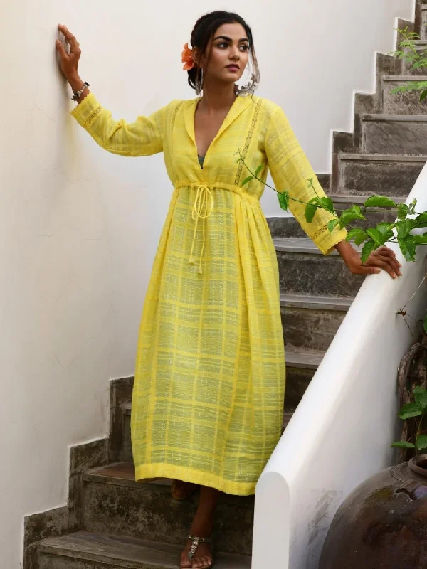 Yellow Cotton Lurex Ethnic Dress with Lace-Details