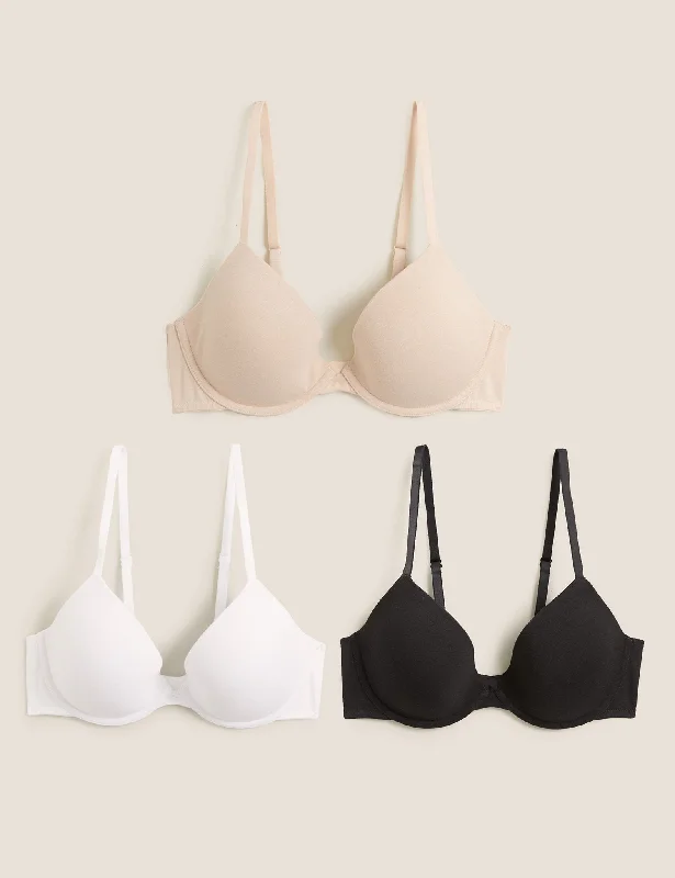 3pk Wired Plunge T-Shirt Bras A-E Elasticated Padded Insulated