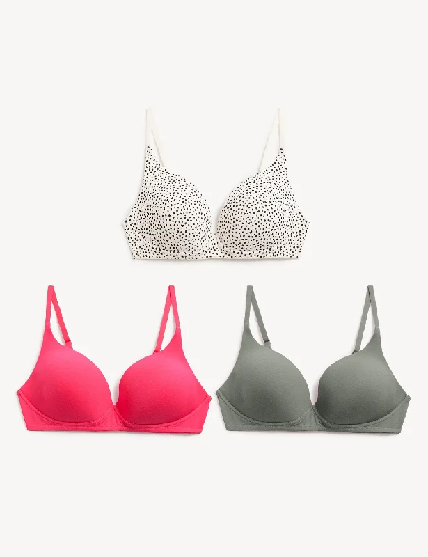 3pk Cotton Rich Non Wired T-Shirt Bras A-E Zippered Buttoned Snapped