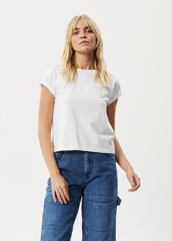 AFENDS Womens Cutback - Roll Cuff T-Shirt - White Ribbed Striped Patterned