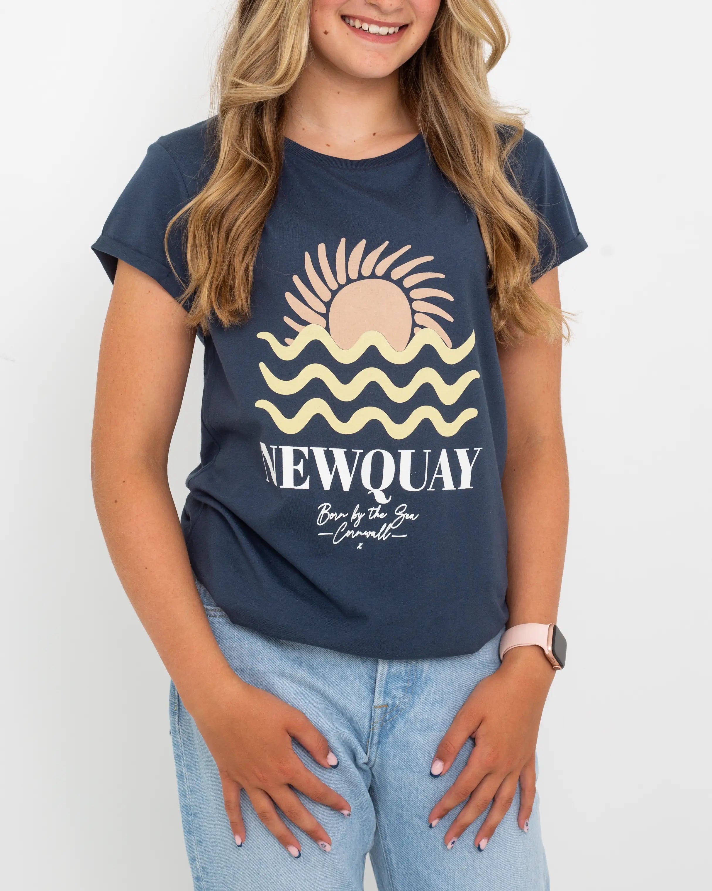 Newquay T-Shirt in Denim Blue Silk Blend Satin Velvet