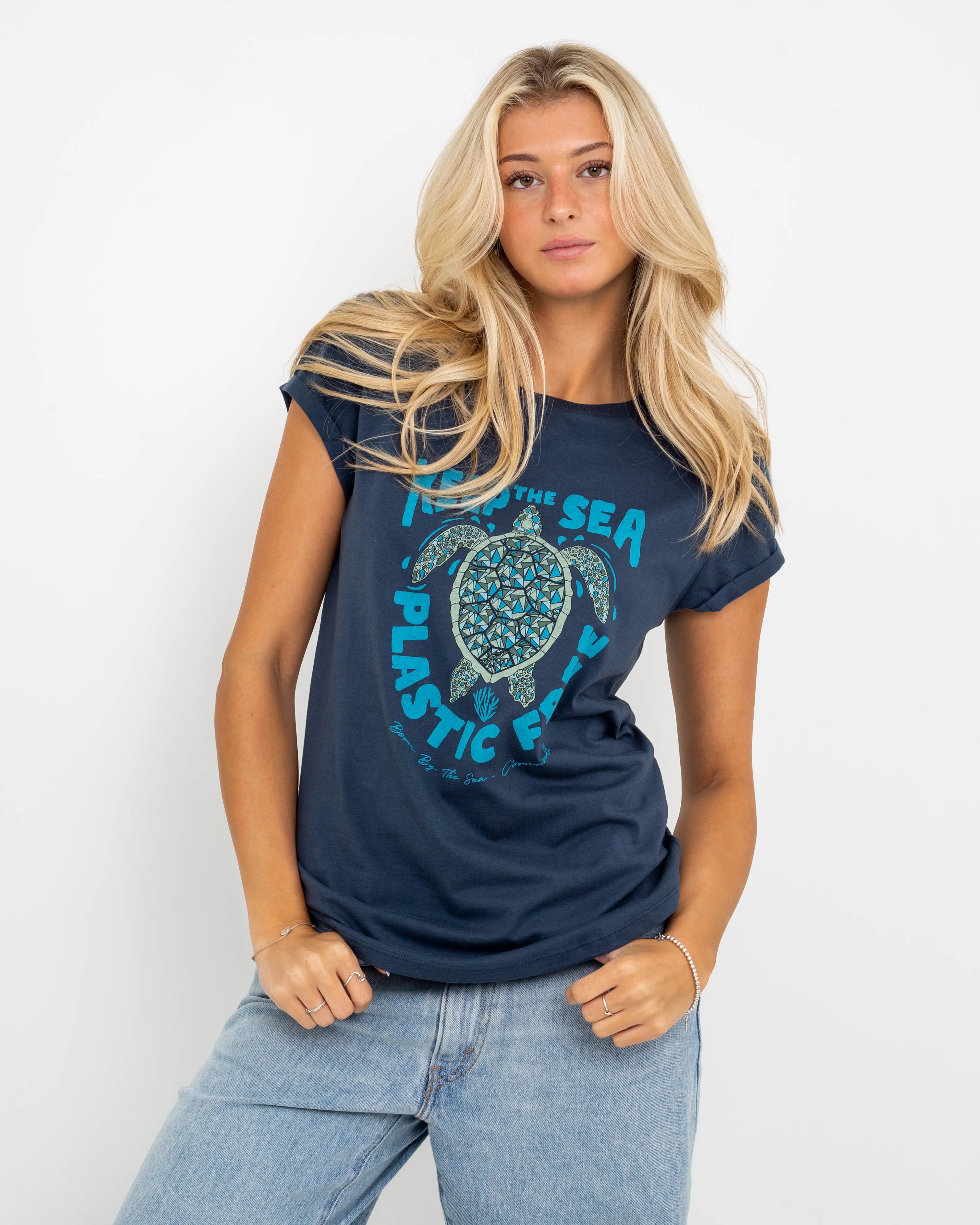 Turtle T-Shirt in Denim Blue Print Jacquard Patchwork