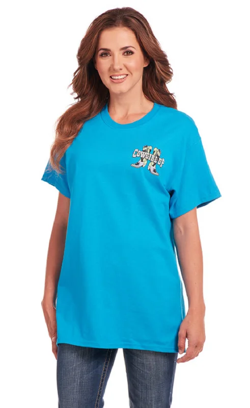 Cowgirl Up Womens Boots Stay On Boyfriend Blue 100% Cotton S/S T-Shirt Collared Crew Neck Turtle Neck Cowgirl Up Womens Boots Stay On Boyfriend Blue 100% Cotton S/S T-Shirt Collared Crew Neck Turtle Neck