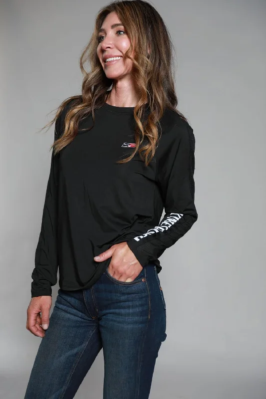Kimes Ranch Womens K1 Tech Tee Black Polyester Blend L/S T-Shirt Knit Fabric Woven Fabric Fleece Fabric Kimes Ranch Womens K1 Tech Tee Black Polyester Blend L/S T-Shirt Knit Fabric Woven Fabric Fleece Fabric