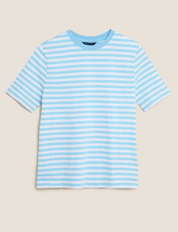 Pure Cotton Striped Crew Neck T-Shirt Sequined Glittery Shiny