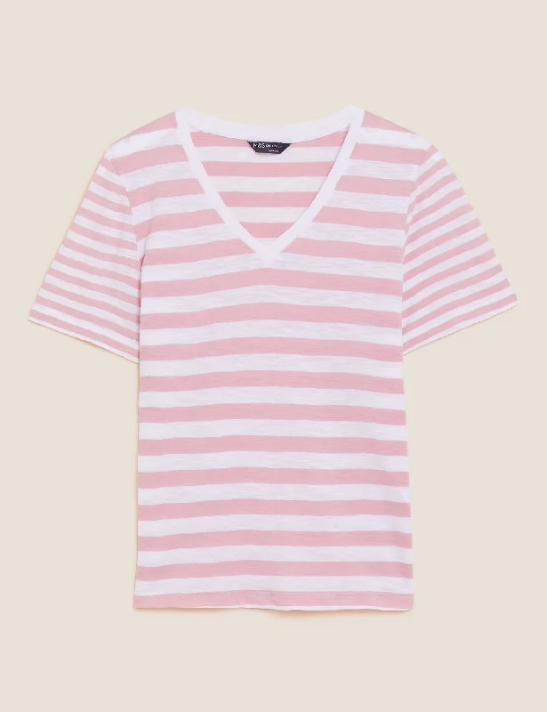 Pure Cotton Striped Straight Fit T-Shirt Spandex Blend Rayon Blend Denim Blend