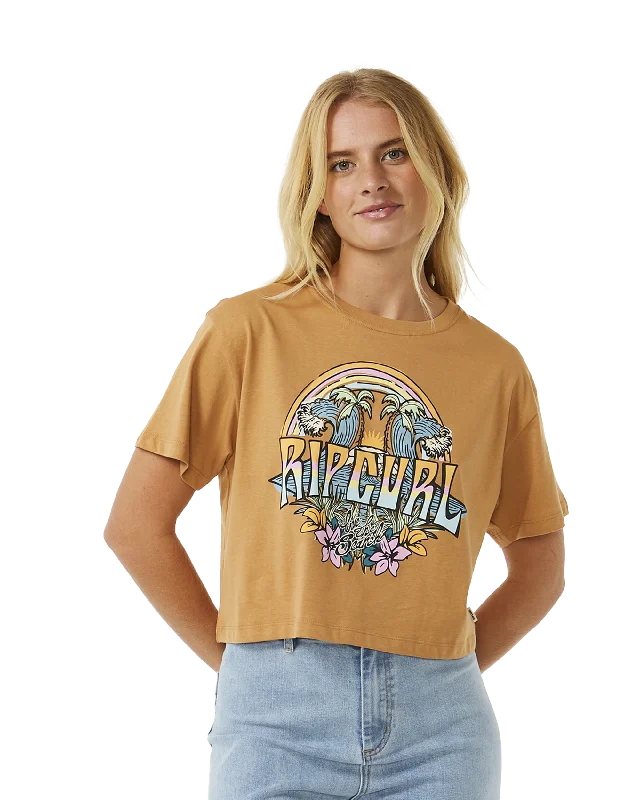Block Party Crop T-Shirt in Light Brown Rayon Fabric Velvet Fabric Corduroy Fabric