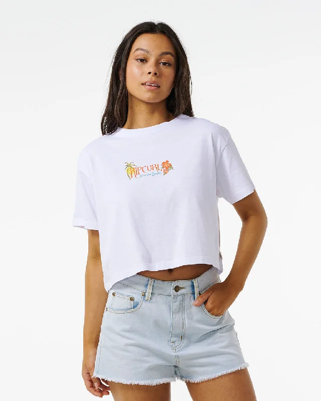 Island Crop T-Shirt in White Seamless Knitted Crochet