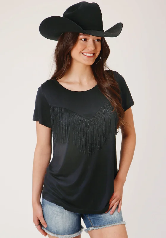 Roper Womens Black Poly/Rayon Fringe Knit S/S T-Shirt Oversized T-Shirt Spandex breathable Roper Womens Black Poly/Rayon Fringe Knit S/S T-Shirt Oversized T-Shirt Spandex breathable