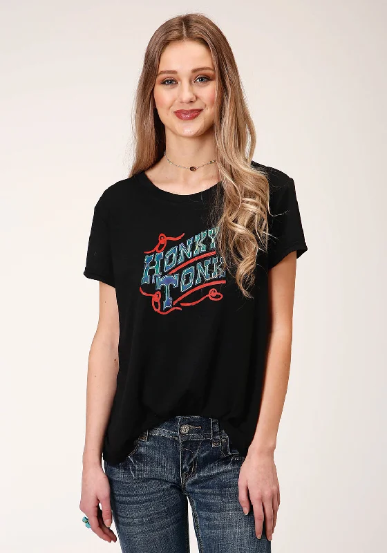 Roper Womens Black Poly/Rayon Honky Tonk S/S T-Shirt Welt Pockets Slit Pockets Flap Pockets Roper Womens Black Poly/Rayon Honky Tonk S/S T-Shirt Welt Pockets Slit Pockets Flap Pockets