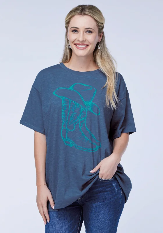 Roper Womens Boots and Hat Blue 100% Cotton S/S T-Shirt Polka Dot Checkered Tartan