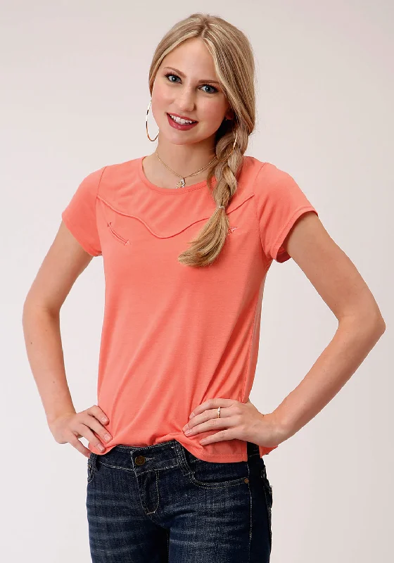 Roper Womens Coral Red Poly/Rayon Curved Yoke S/S T-Shirt Front Pockets Side Pockets Patch Pockets Roper Womens Coral Red Poly/Rayon Curved Yoke S/S T-Shirt Front Pockets Side Pockets Patch Pockets
