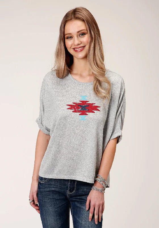 Roper Womens Heather Grey Polyester Dolman Aztec S/S T-Shirt Mesh Blend Leather Blend Suede Blend Roper Womens Heather Grey Polyester Dolman Aztec S/S T-Shirt Mesh Blend Leather Blend Suede Blend