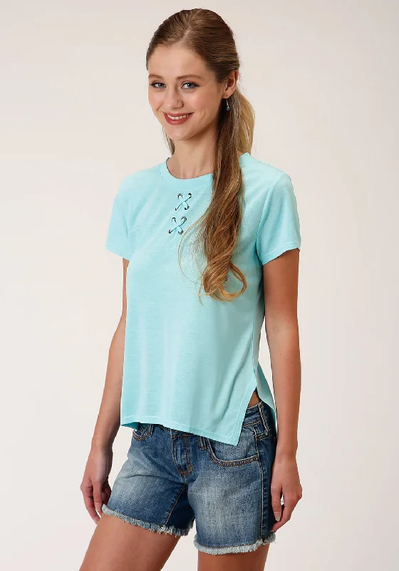 Roper Womens Light Turquoise Poly/Rayon Grommets S/S T-Shirt Spandex Blend Rayon Blend Denim Blend Roper Womens Light Turquoise Poly/Rayon Grommets S/S T-Shirt Spandex Blend Rayon Blend Denim Blend