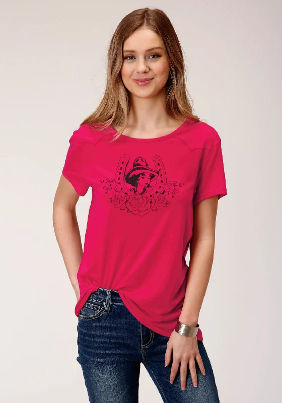Roper Womens Red Poly/Rayon Horseshoe S/S Cowgirl T-Shirt Hooded Caped Shawl Collar