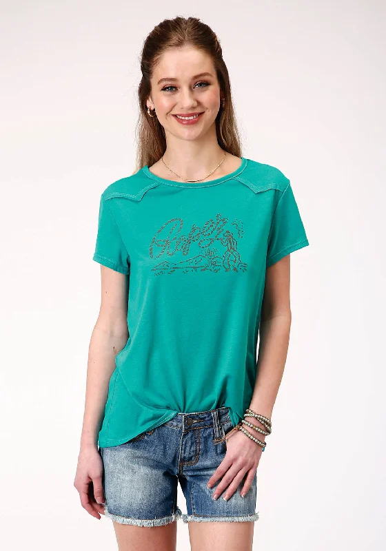 Roper Womens Turquoise Poly/Rayon Roping Cowboy S/S T-Shirt Chenille Brocade Lace