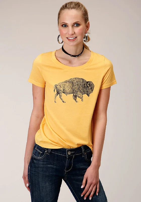 Roper Womens Yellow Poly/Rayon Buffalo S/S T-Shirt Denim Fabric Leather Fabric Suede Fabric Roper Womens Yellow Poly/Rayon Buffalo S/S T-Shirt Denim Fabric Leather Fabric Suede Fabric