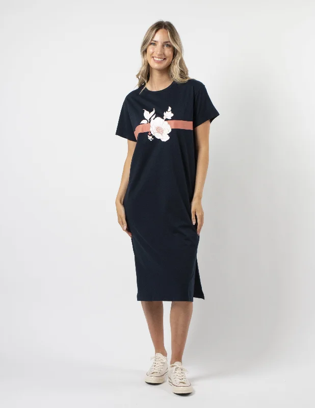 Stella + Gemma Maxie T-Shirt Dress - Navy Rose Floral With Stripe Hooded Caped Shawl Collar Stella + Gemma Maxie T-Shirt Dress - Navy Rose Floral With Stripe Hooded Caped Shawl Collar