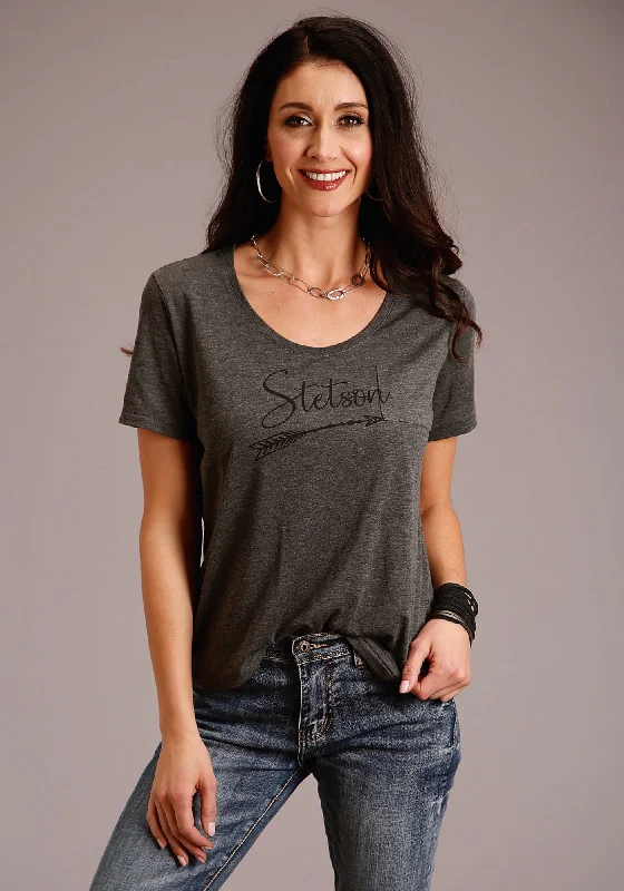 Stetson Womens Grey Polyester Logo Script S/S Arrow T-Shirt Layered Multi-layer Single Layer Stetson Womens Grey Polyester Logo Script S/S Arrow T-Shirt Layered Multi-layer Single Layer