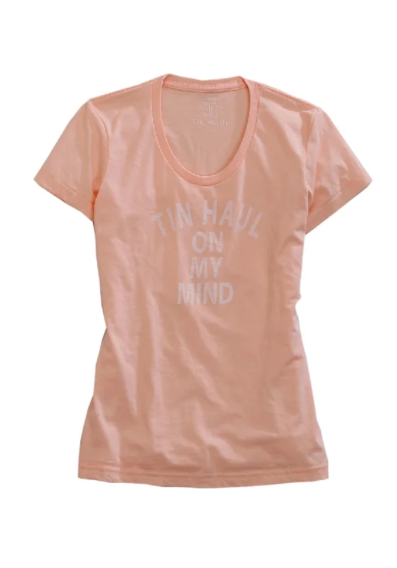 Tin Haul Womens Peach Cotton Blend On My Mind S/S T-Shirt Handmade Hand-knitted Hand-woven Tin Haul Womens Peach Cotton Blend On My Mind S/S T-Shirt Handmade Hand-knitted Hand-woven