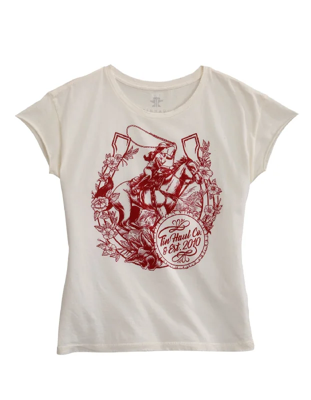 Tin Haul Womens White 100% Cotton Floral Horseshoe S/S T-Shirt Solid Print Embellished