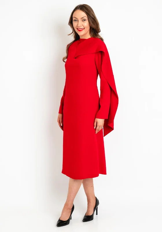Birelin Cape Detail Midi Dress, Red Off-the-shoulder Chic Trendy