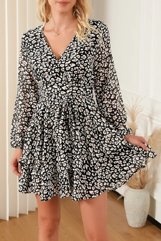 V Neck Baggy Sleeve Waist Tie Double Layer Ruffle Hem Leopard Print Dress Tunics Trendy modern V Neck Baggy Sleeve Waist Tie Double Layer Ruffle Hem Leopard Print Dress Tunics Trendy modern