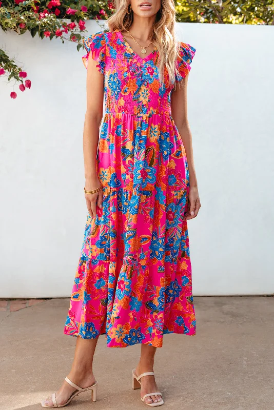 Boho Floral V Neck Ruffle Tiered Long Dress sweetheart Neckline Romantic