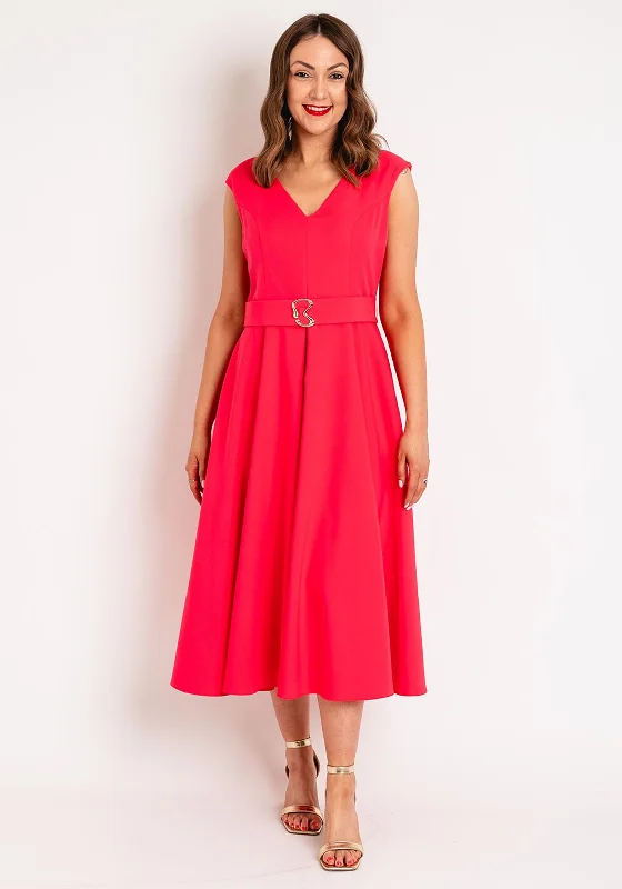 Castings Belted Waist with Gold Brooch Midi A-line Dress, Fresa Tunics Floral girly
