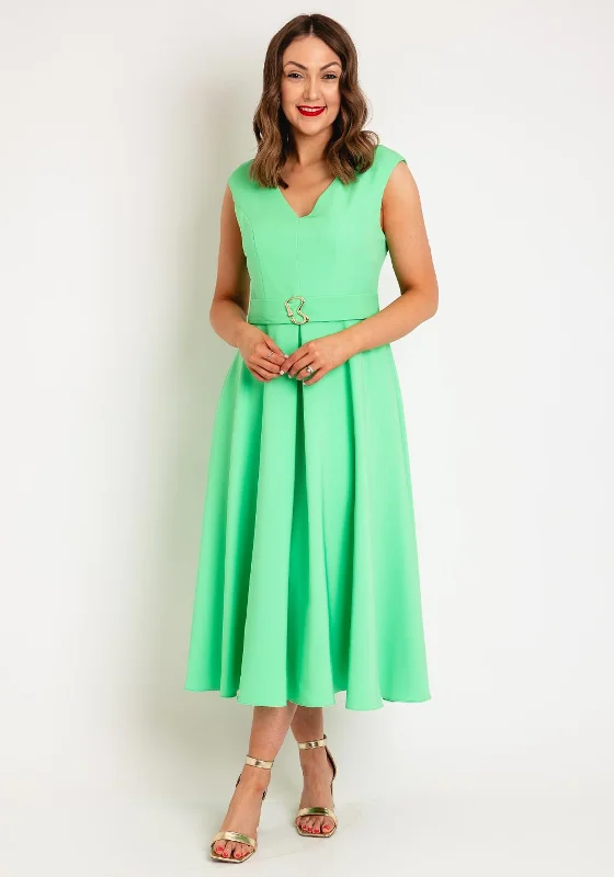 Castings Belted Waist with Gold Brooch Midi A-line Dress, Menta Green Tunics Print Colorful Castings Belted Waist with Gold Brooch Midi A-line Dress, Menta Green Tunics Print Colorful