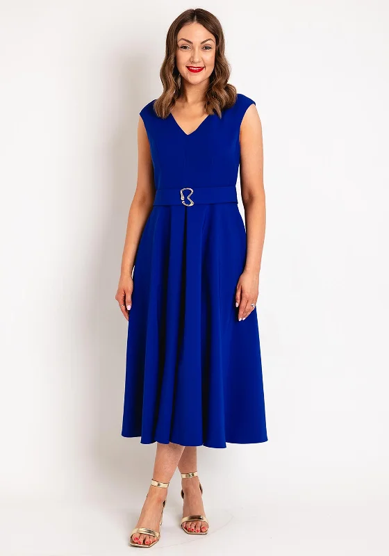 Castings Belted Waist with Gold Brooch Midi A-line Dress, Azul Tunics Long Elegant