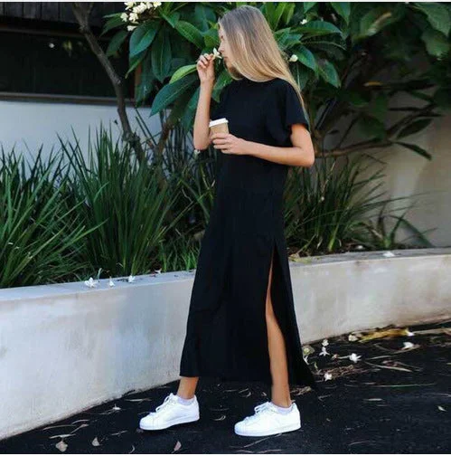 Casual Black Long Dresses Tunics Practical easy-care