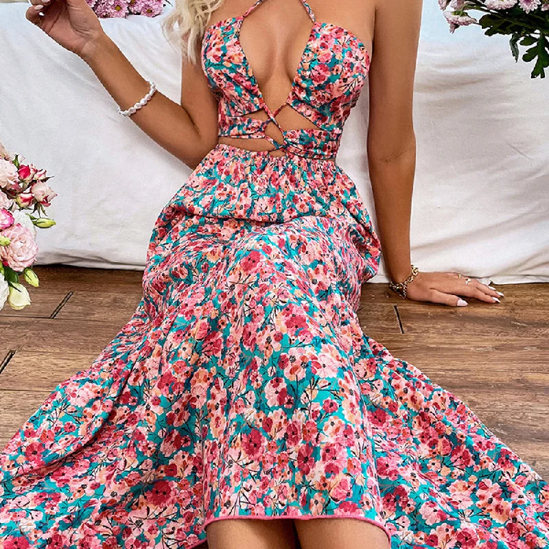 Printed Halterneck Strapless High-waisted Dress Elegant Long Evening