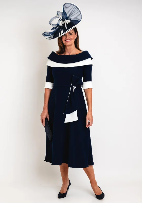 Claudia C Sylvia Embellished Bow Waist Midi A-line Dress, Navy Tunics Print Colorful Claudia C Sylvia Embellished Bow Waist Midi A-line Dress, Navy Tunics Print Colorful