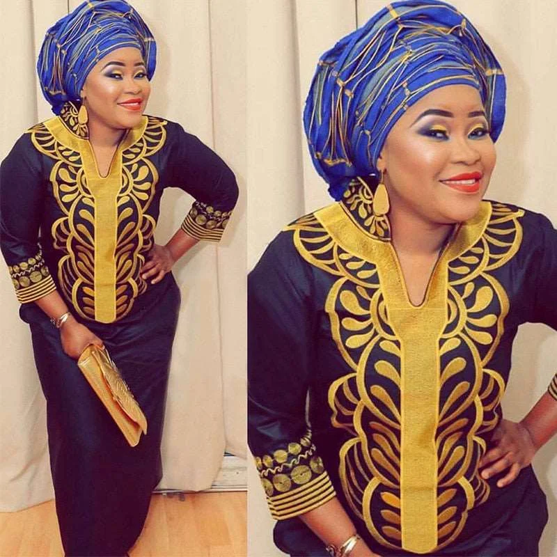 African Bazin Embroidery Long Dress Soft Material Traditional Clothing Tunics Formal black African Bazin Embroidery Long Dress Soft Material Traditional Clothing Tunics Formal black