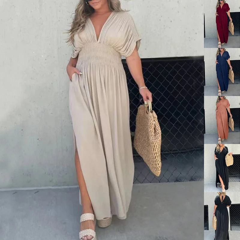 Fashion Bat-sleeved V-neck Slit Dress Summer Short Sleeve Elastic Waist Long Dresses Womens Clothing Tunics Lace romantic Fashion Bat-sleeved V-neck Slit Dress Summer Short Sleeve Elastic Waist Long Dresses Womens Clothing Tunics Lace romantic