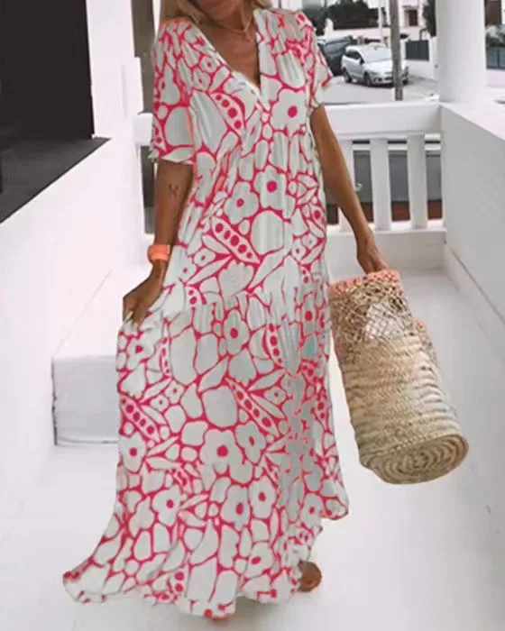 Fashion Printed Short Sleeve Long Dress Tunics Prom sequined